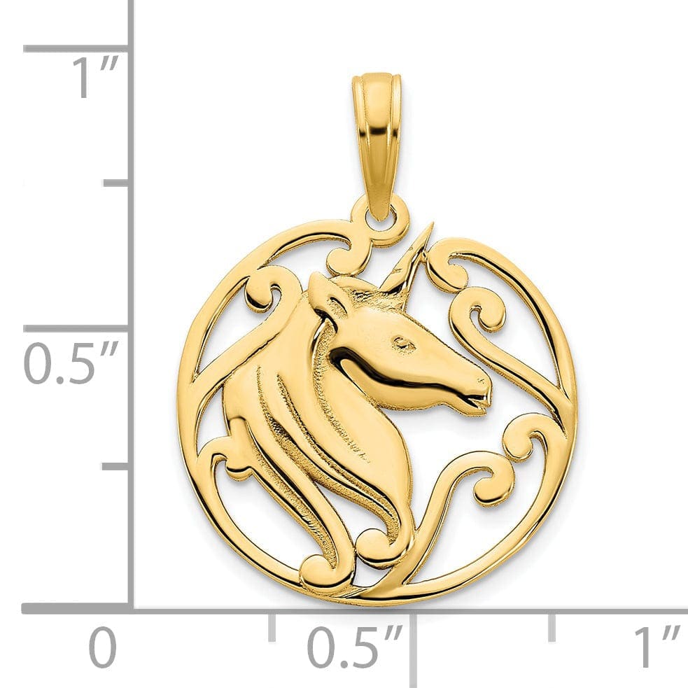 Lovely Rita's Pendants & Charms 14k Yellow Gold Textured Polished Finish Unicorn in a Circle Design Womens Charm Pendant