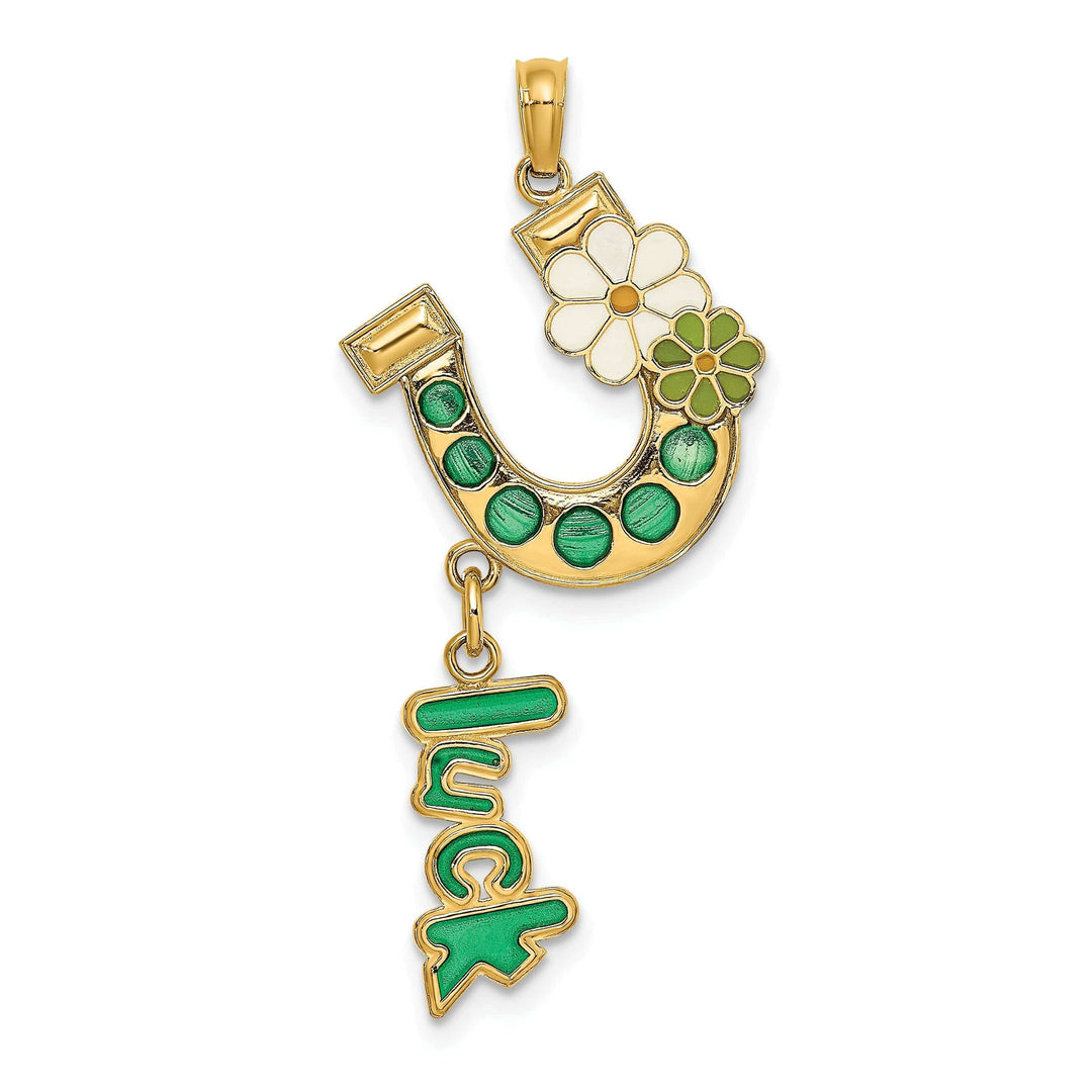 Lovely Rita's Pendants & Charms 14K Yellow Gold Textured Polished Green Enameled Horseshoe LUCK With Flowers Design Charm Pendant