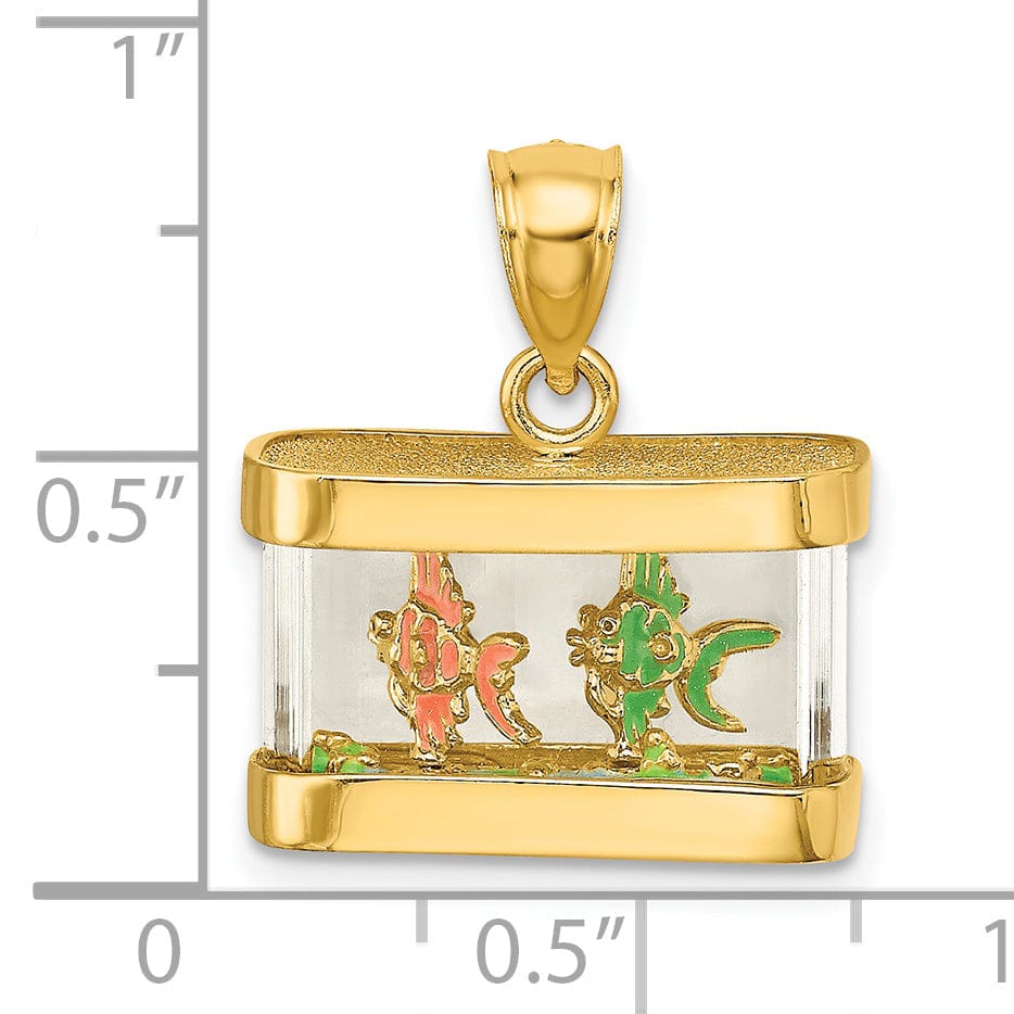 Lovely Rita's Pendants & Charms 14K Yellow Gold Textured Polished Multi-Color Ename Finish 3-Dimensional Moveable Fish Aquarium Charm