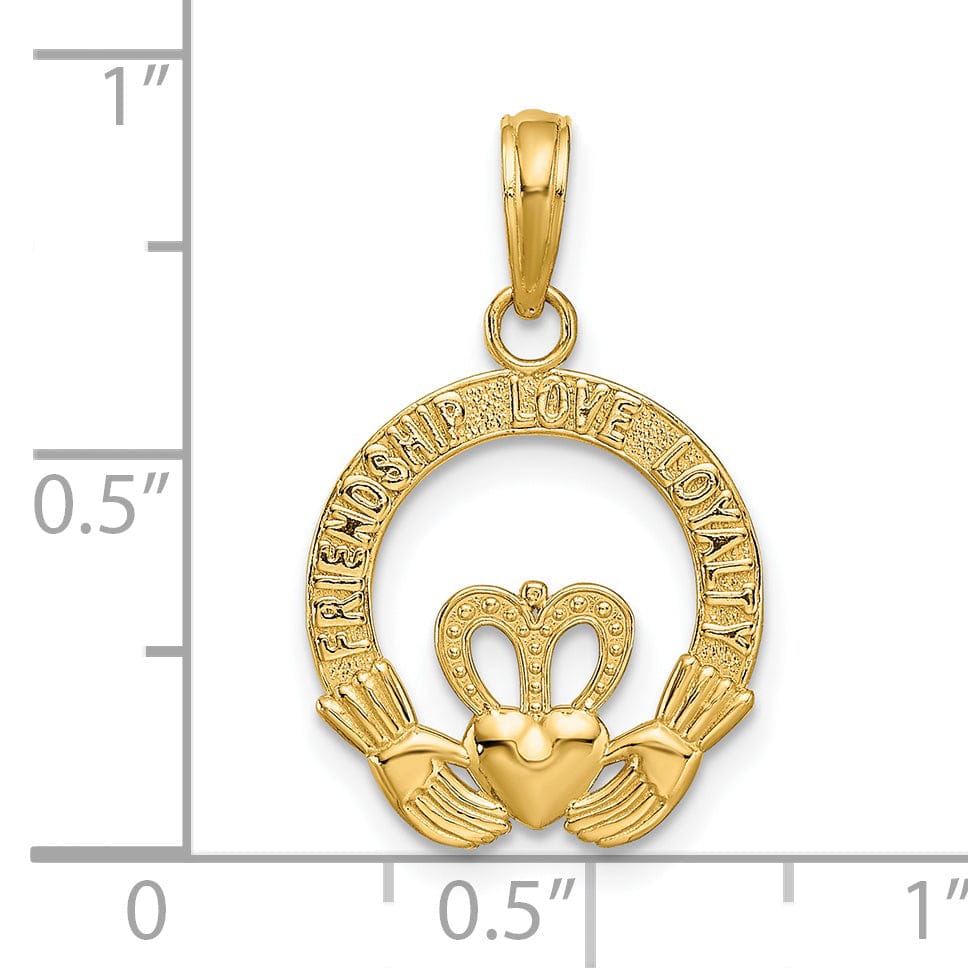 Lovely Rita's Pendants & Charms 14k Yellow Gold Textured Satin Diamond Cut Flat-Backed Engraved Friendship Love Loyalty Claddagh Design Charm Pendant