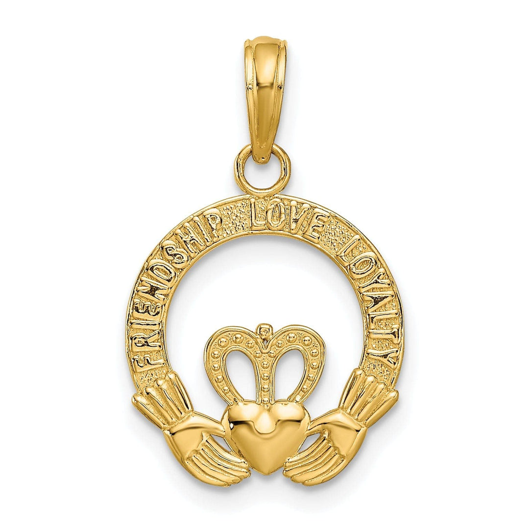 Lovely Rita's Pendants & Charms 14k Yellow Gold Textured Satin Diamond Cut Flat-Backed Engraved Friendship Love Loyalty Claddagh Design Charm Pendant