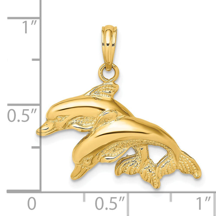 Lovely Rita's Pendants & Charms 14K Yellow Gold Textured Solid Polished Finish 2-Dimensional Double Dolphins Charm Pendant