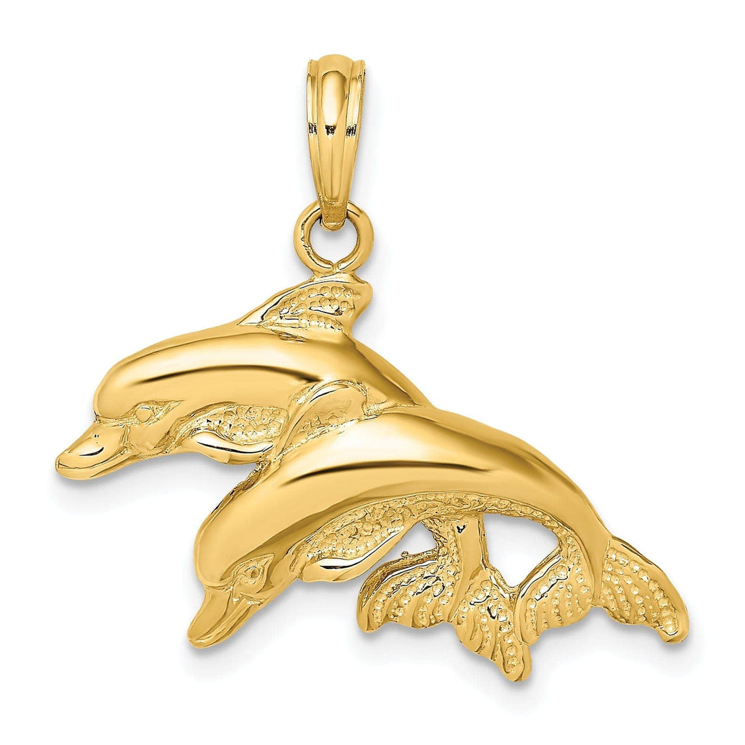 Lovely Rita's Pendants & Charms 14K Yellow Gold Textured Solid Polished Finish 2-Dimensional Double Dolphins Charm Pendant