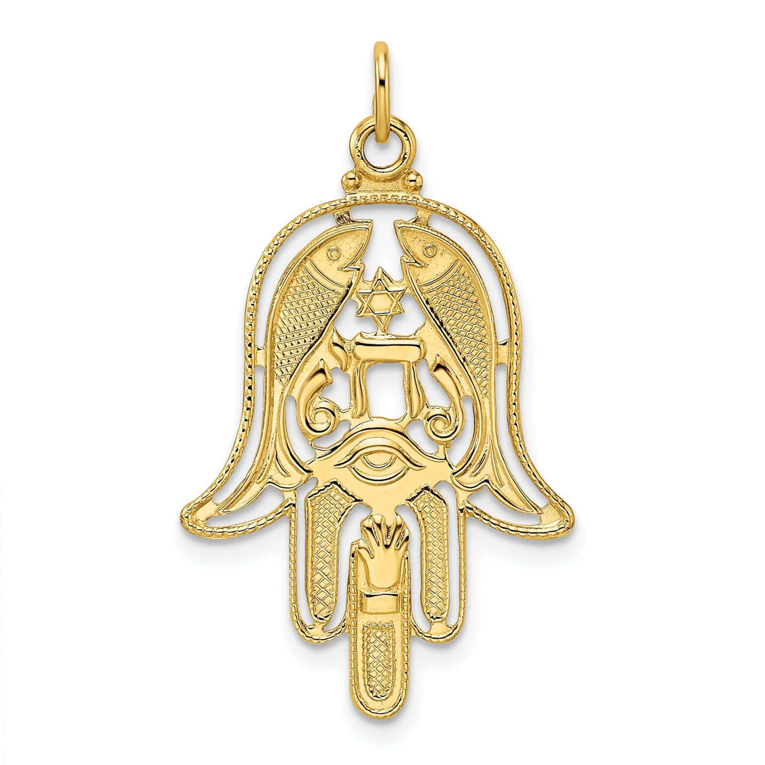 Lovely Rita's Pendants & Charms 14k Yellow Gold Unisex Hamsa with Fish Evil Eye Design Charm Pendant