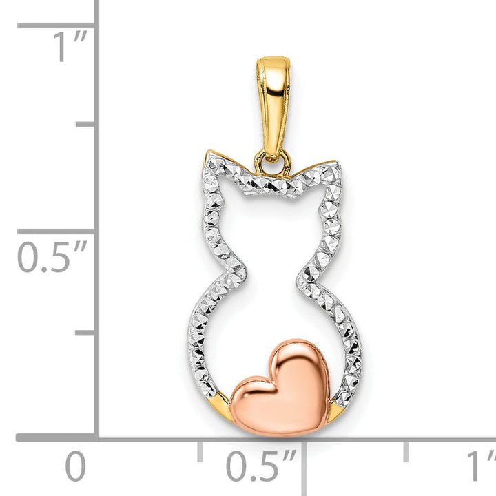 Lovely Rita's Pendants & Charms 14k Yellow  Gold White and Rose Rhodium Solid Open Back Polished Diamond Cut Finish Cat with Heart Design Charm Pendant