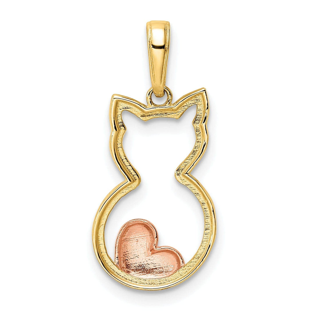 Lovely Rita's Pendants & Charms 14k Yellow  Gold White and Rose Rhodium Solid Open Back Polished Diamond Cut Finish Cat with Heart Design Charm Pendant