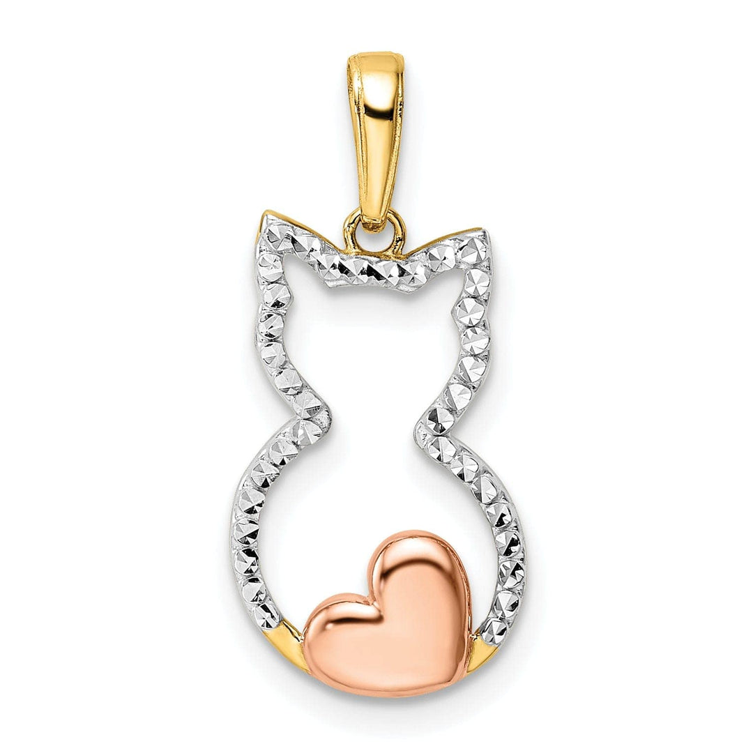 Lovely Rita's Pendants & Charms 14k Yellow  Gold White and Rose Rhodium Solid Open Back Polished Diamond Cut Finish Cat with Heart Design Charm Pendant