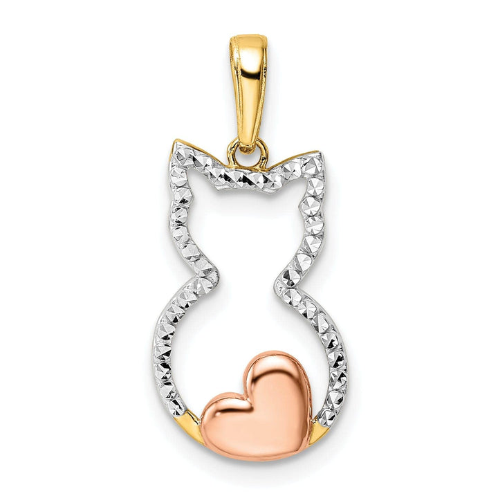 Lovely Rita's Pendants & Charms 14k Yellow  Gold White and Rose Rhodium Solid Open Back Polished Diamond Cut Finish Cat with Heart Design Charm Pendant