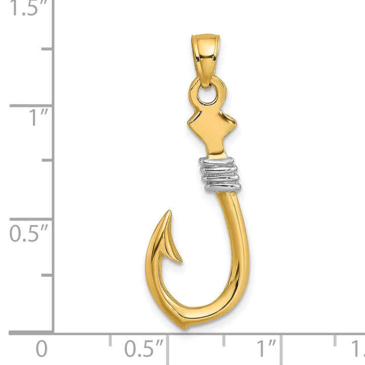 Lovely Rita's Pendants & Charms 14K Yellow Gold White Rhodium 3-Dimensional Fish Hook With Rope Design Charm Pendant