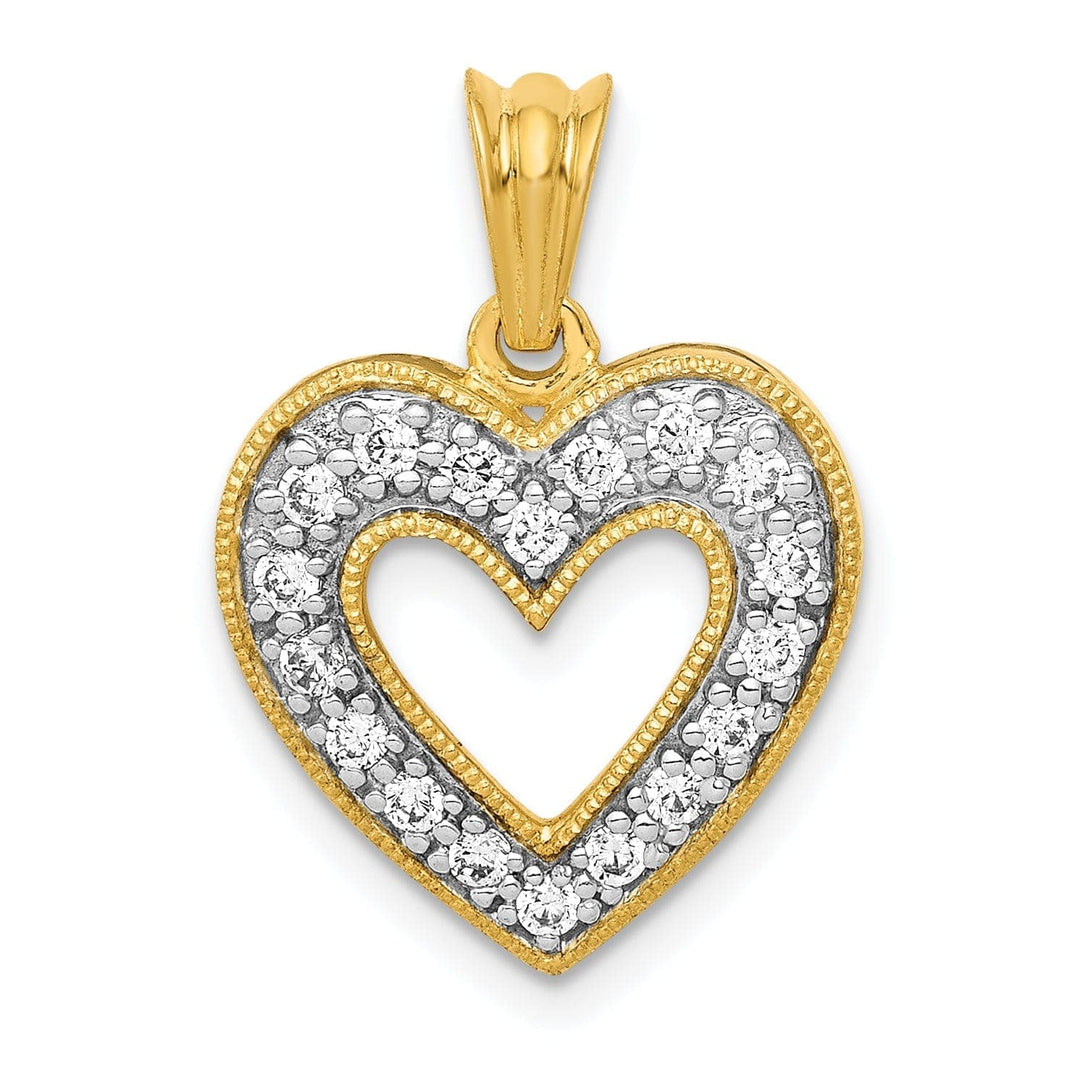 Lovely Rita's Pendants & Charms 14k Yellow Gold, White Rhodium Beaded Tectured Polished Finish 1/4-ct Round Diamond Heart Design Charm Pendant