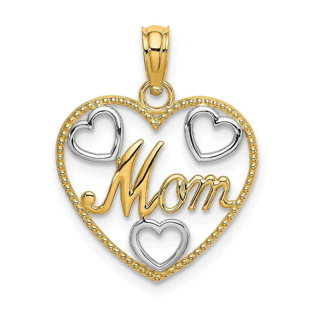 Lovely Rita's Pendants & Charms 14k Yellow Gold,White Rhodium Beaded Textured Polished Finish MOM Heart in Heart Design Charm Pendant