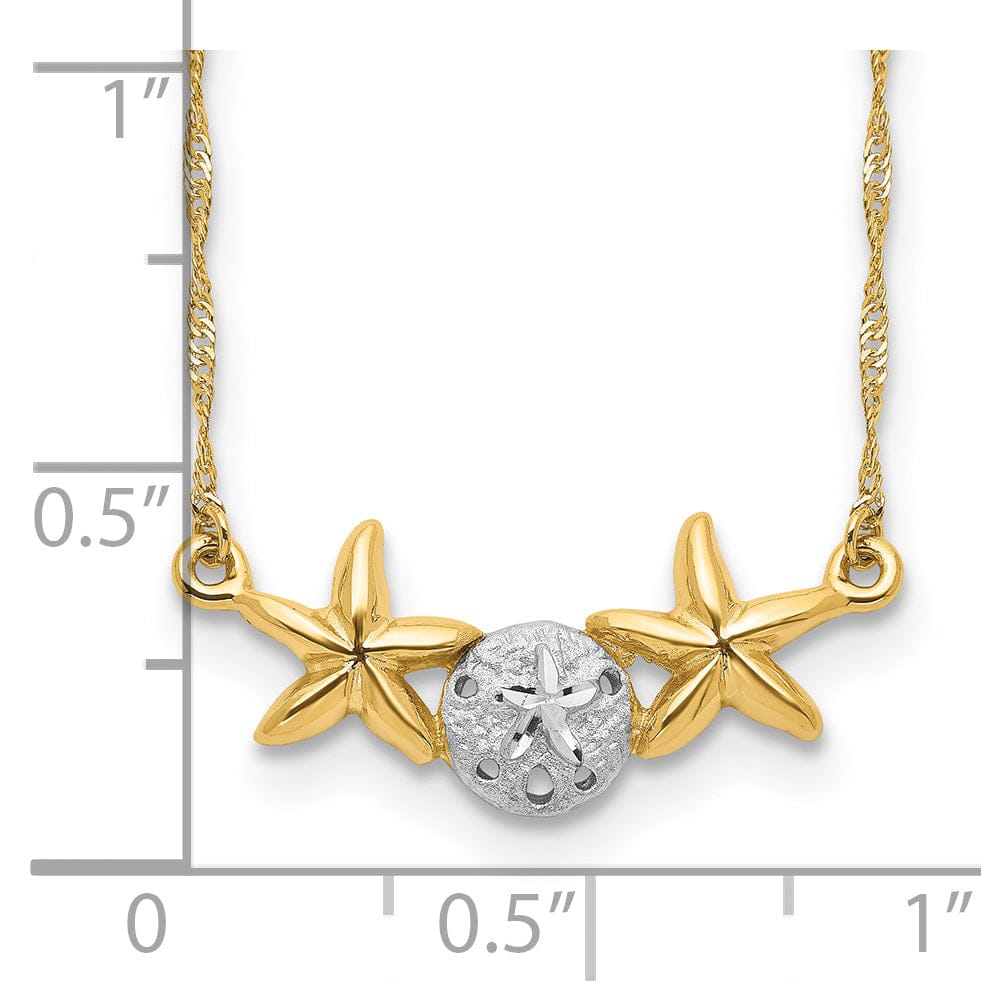 Lovely Rita's Pendants & Charms 14K Yellow Gold, White Rhodium Brushed, Polished Finish Sand Dollar, Starfish Pendant Design in a 18-inch Cable Chain Necklace Set