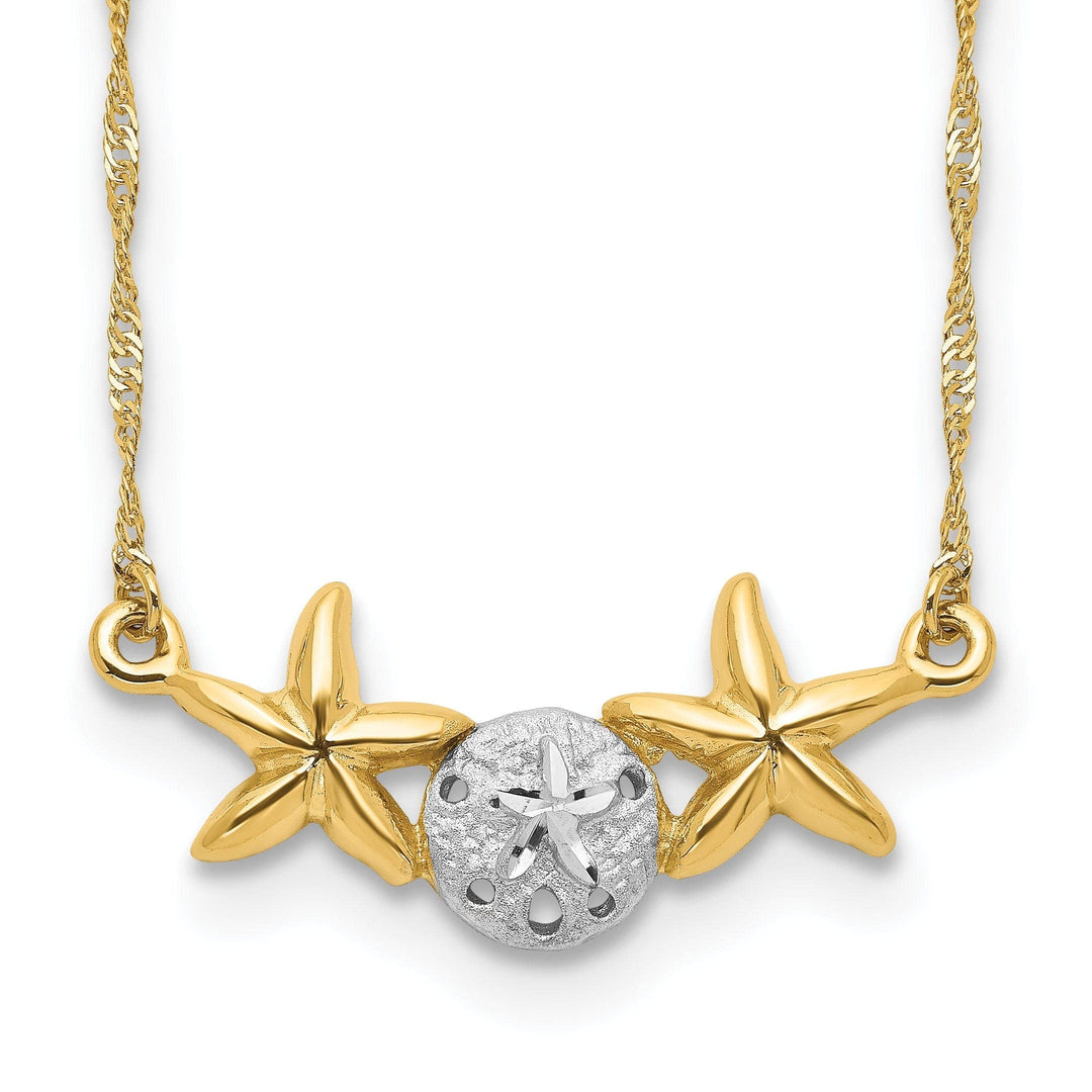 Lovely Rita's Pendants & Charms 14K Yellow Gold, White Rhodium Brushed, Polished Finish Sand Dollar, Starfish Pendant Design in a 18-inch Cable Chain Necklace Set