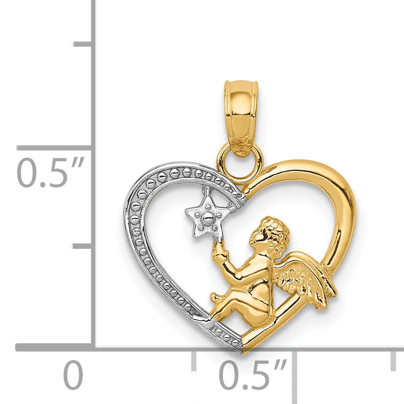 Lovely Rita's Pendants & Charms 14K Yellow Gold White Rhodium Concave Angel in Heart with Star Pendant