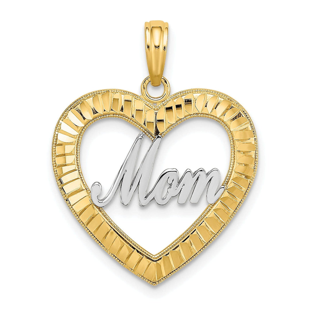 Lovely Rita's Pendants & Charms 14k Yellow Gold, White Rhodium Diamond Cut Polished Finish Heart Shape Design MOM Charm Pendant