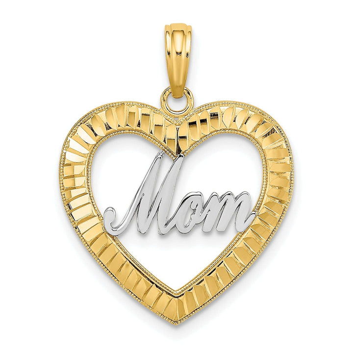 Lovely Rita's Pendants & Charms 14k Yellow Gold, White Rhodium Diamond Cut Polished Finish Heart Shape Design MOM Charm Pendant