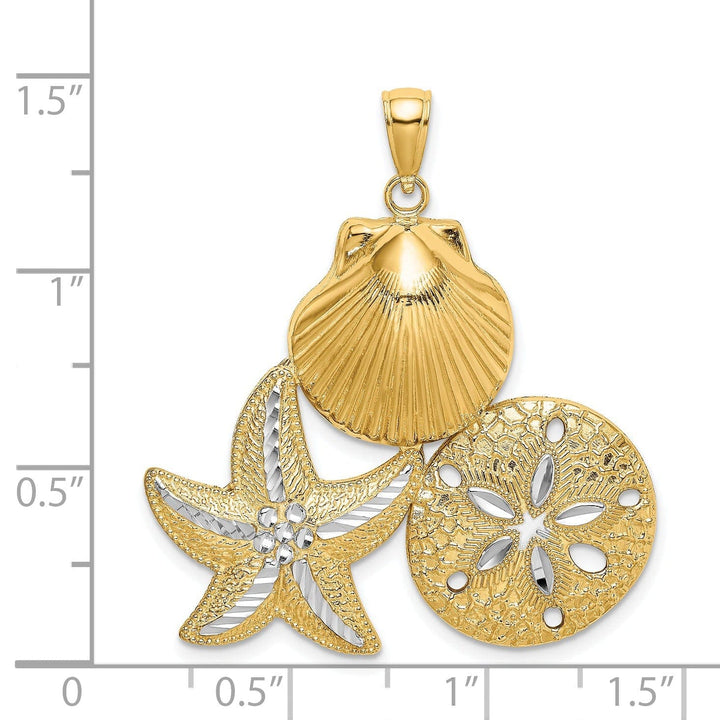 Lovely Rita's Pendants & Charms 14k Yellow Gold White Rhodium Diamond Cut Polished Finish Scallop Starfish Sand Dollar Design Charm Pendant