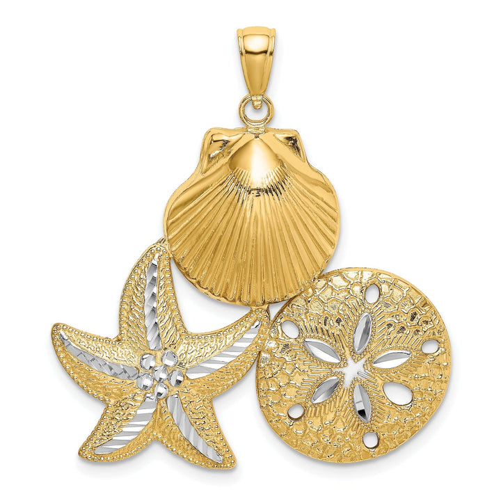 Lovely Rita's Pendants & Charms 14k Yellow Gold White Rhodium Diamond Cut Polished Finish Scallop Starfish Sand Dollar Design Charm Pendant