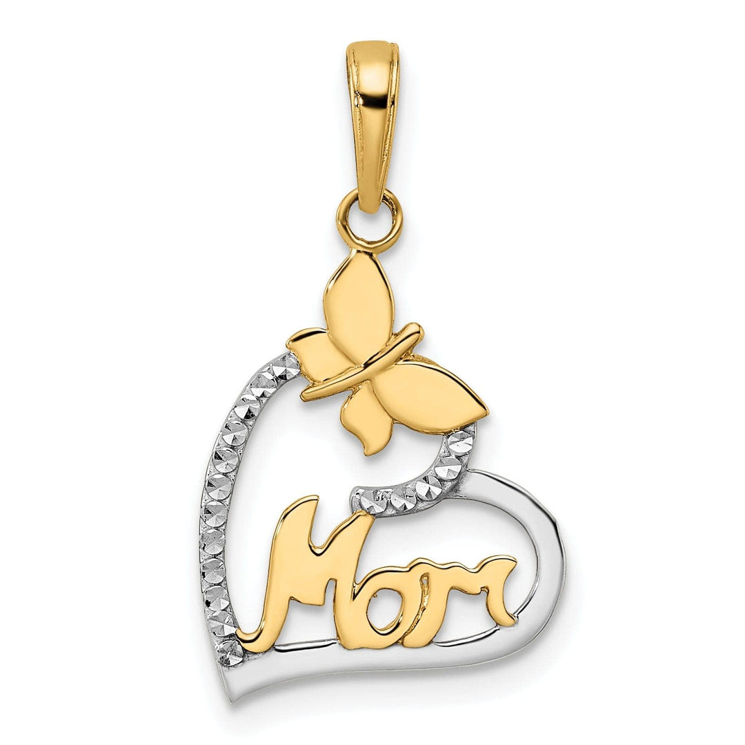 Lovely Rita's Pendants & Charms 14K Yellow Gold, White Rhodium Diamond Cut Polished Finish Solid Butterfly Mom in Heart Design Charm Pendant