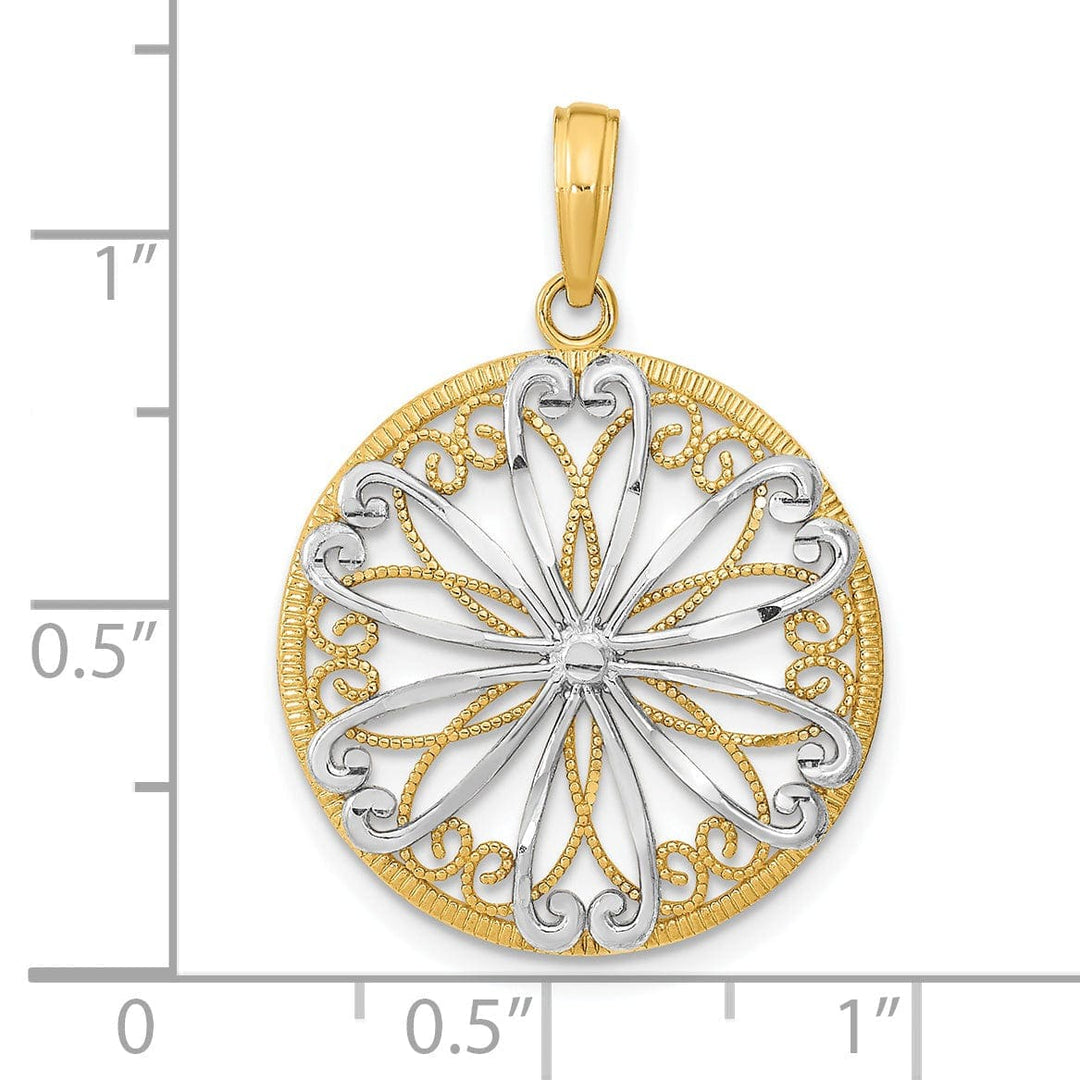 Lovely Rita's Pendants & Charms 14K Yellow Gold, White Rhodium Filigree Center Fancy Beaded Design Round Shape Pendant