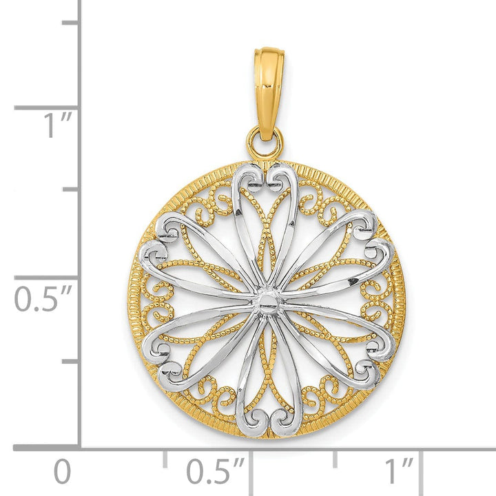 Lovely Rita's Pendants & Charms 14K Yellow Gold, White Rhodium Filigree Center Fancy Beaded Design Round Shape Pendant