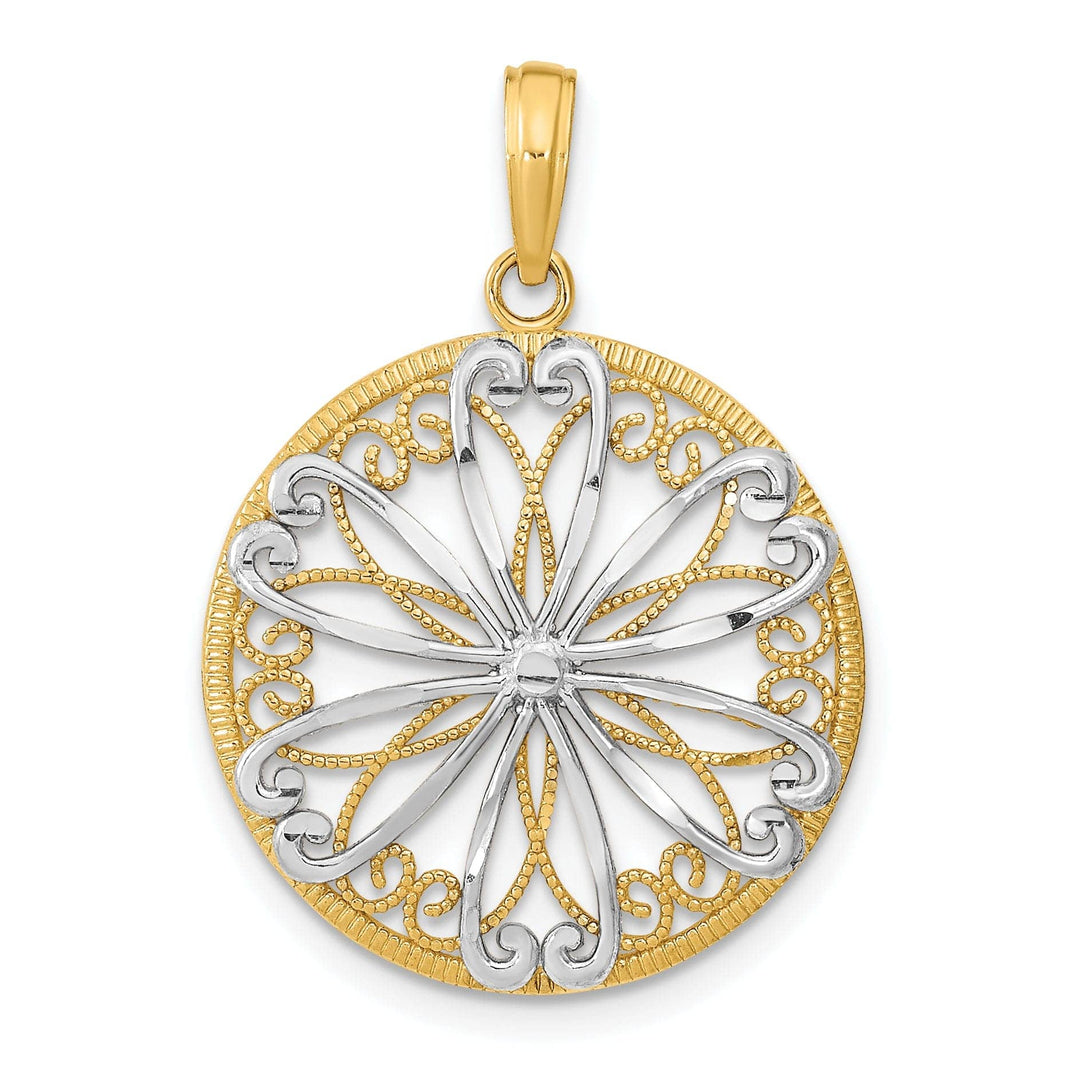 Lovely Rita's Pendants & Charms 14K Yellow Gold, White Rhodium Filigree Center Fancy Beaded Design Round Shape Pendant