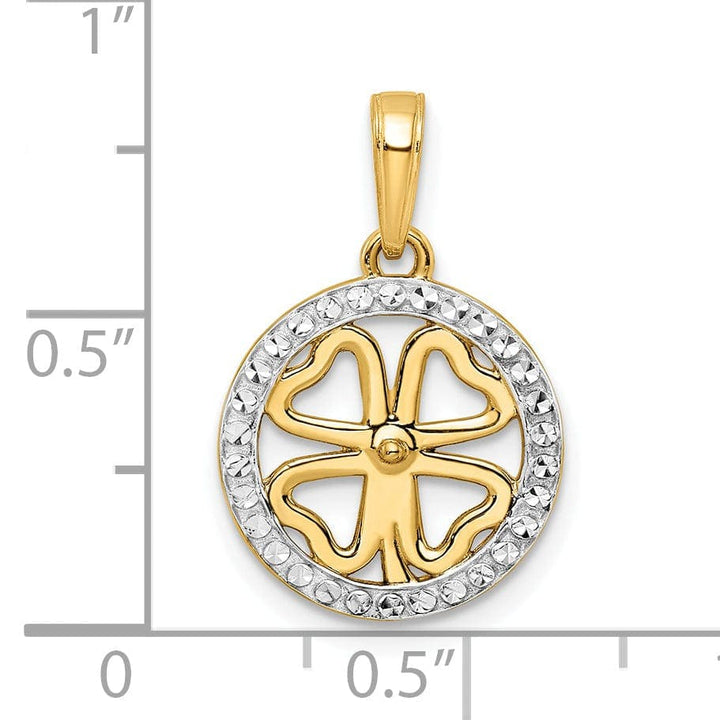 Lovely Rita's Pendants & Charms 14k Yellow Gold White Rhodium Flat Back Solid Diamond Cut 4-Leaf Clover in Circle Design Charm Pendant