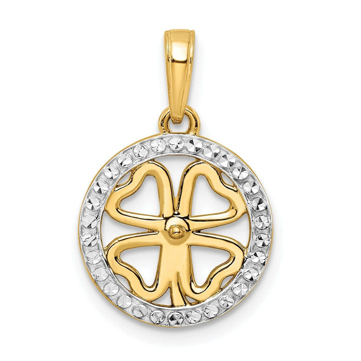 Lovely Rita's Pendants & Charms 14k Yellow Gold White Rhodium Flat Back Solid Diamond Cut 4-Leaf Clover in Circle Design Charm Pendant