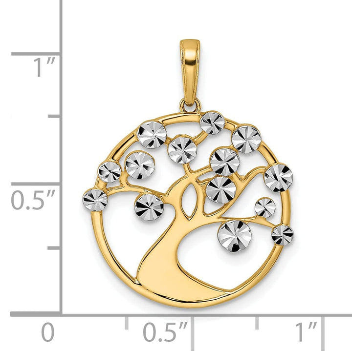 Lovely Rita's Pendants & Charms 14k Yellow Gold White Rhodium Flat Back Solid Diamond Cut Polished Finish Tree of Life in Round Shape Frame Charm Pendant