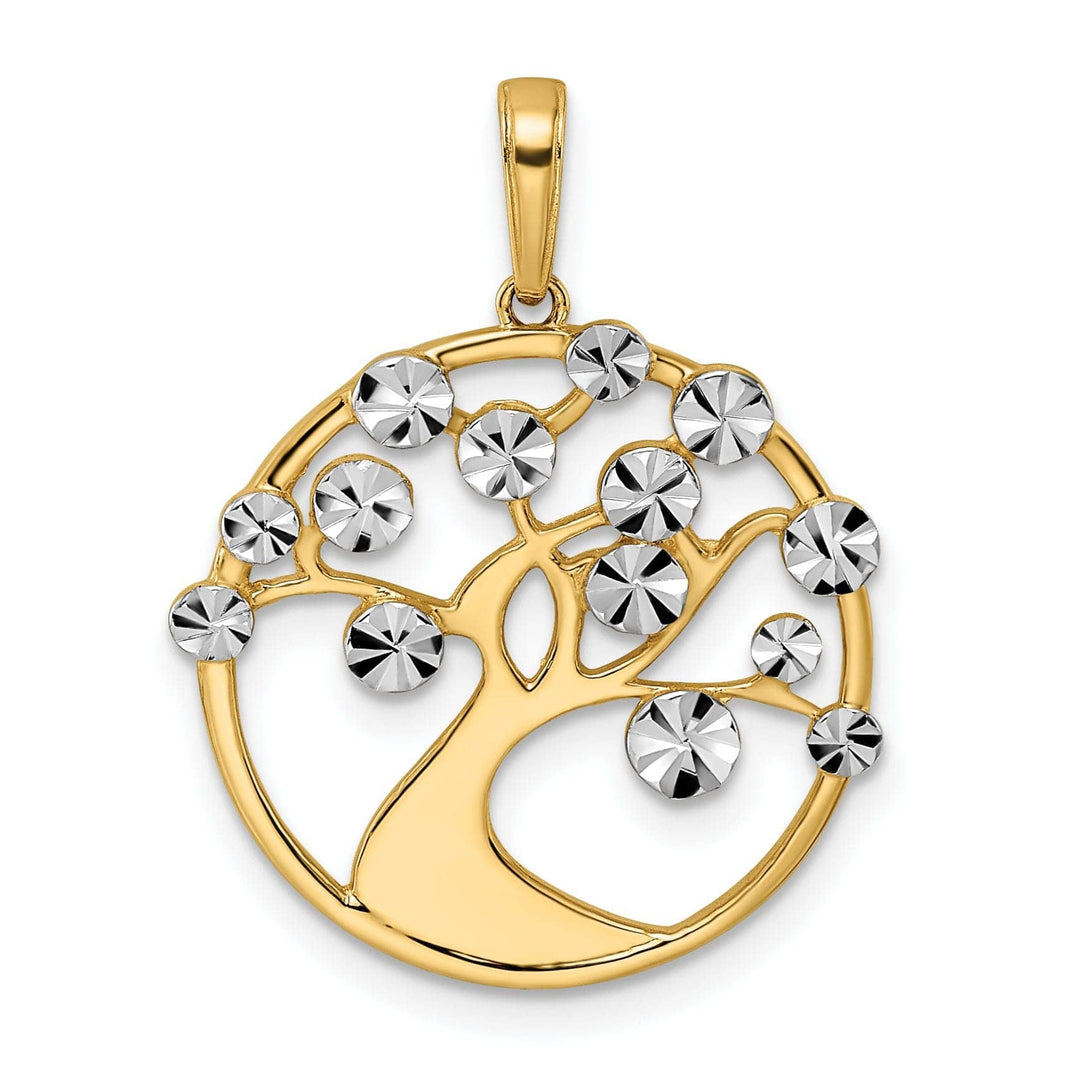 Lovely Rita's Pendants & Charms 14k Yellow Gold White Rhodium Flat Back Solid Diamond Cut Polished Finish Tree of Life in Round Shape Frame Charm Pendant