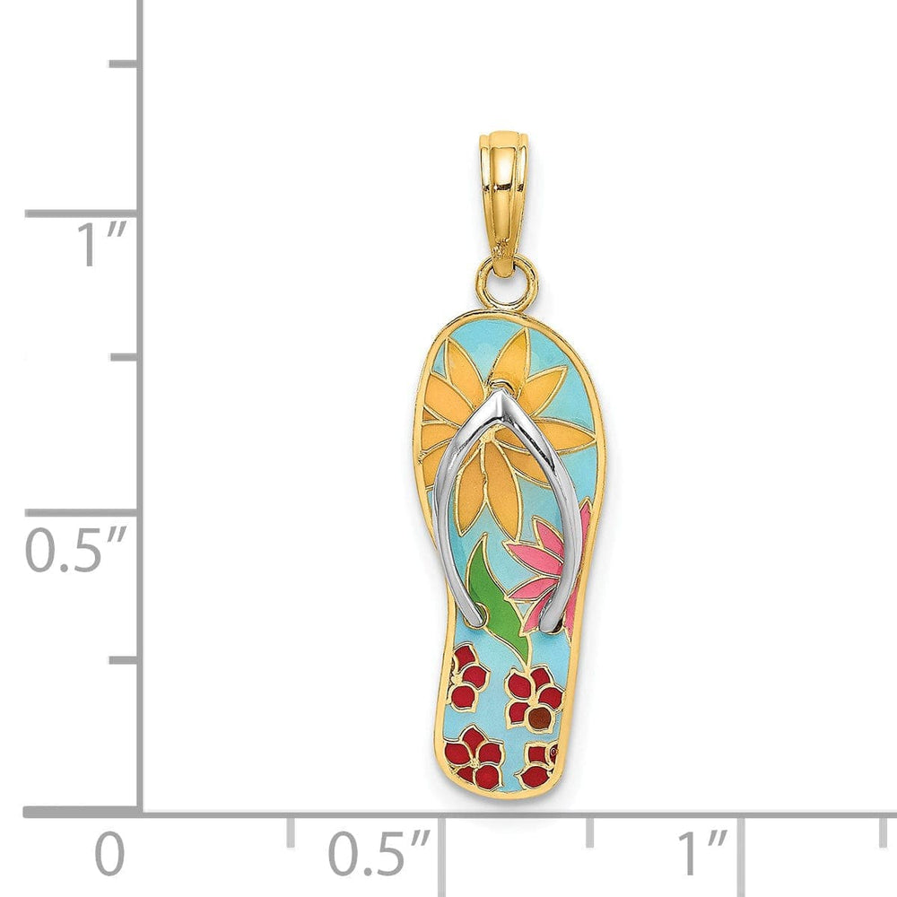 Lovely Rita's Pendants & Charms 14K Yellow Gold, White Rhodium Fuschia Flowers Multi Enamel Finish 3-Dimensional Flip-Flop Sandle Charm Pendant