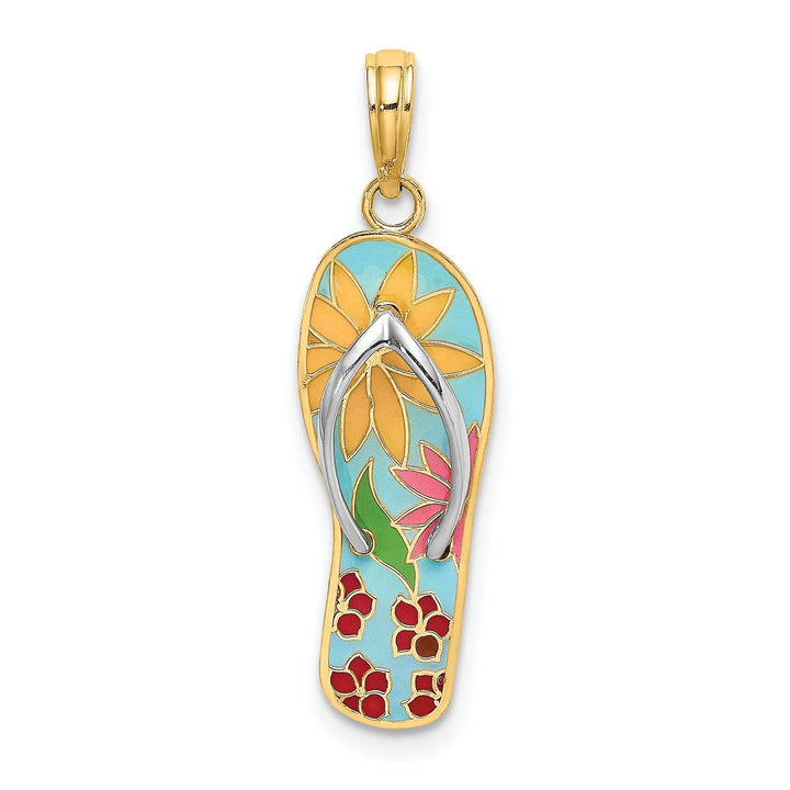 Lovely Rita's Pendants & Charms 14K Yellow Gold, White Rhodium Fuschia Flowers Multi Enamel Finish 3-Dimensional Flip-Flop Sandle Charm Pendant