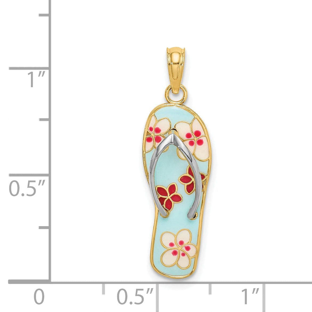 Lovely Rita's Pendants & Charms 14K Yellow Gold, White Rhodium Fuschia white Flowers Aqua Enamel Finish 3-Dimensional Flip-Flop Sandle Charm Pendant