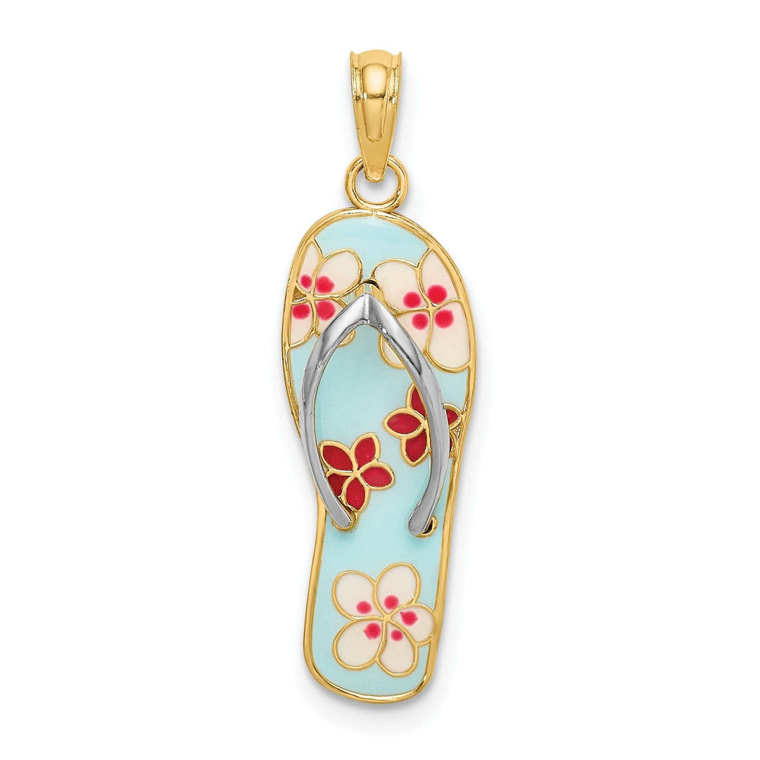 Lovely Rita's Pendants & Charms 14K Yellow Gold, White Rhodium Fuschia white Flowers Aqua Enamel Finish 3-Dimensional Flip-Flop Sandle Charm Pendant