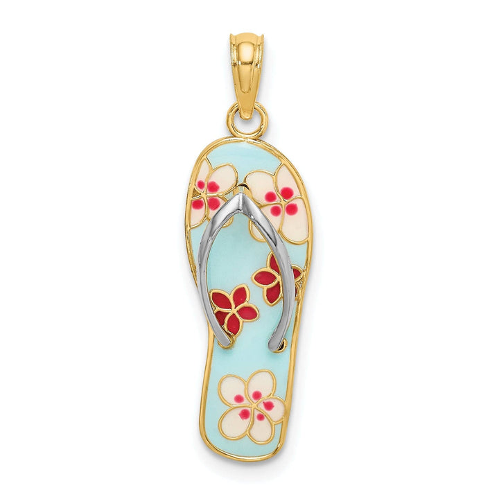 Lovely Rita's Pendants & Charms 14K Yellow Gold, White Rhodium Fuschia white Flowers Aqua Enamel Finish 3-Dimensional Flip-Flop Sandle Charm Pendant