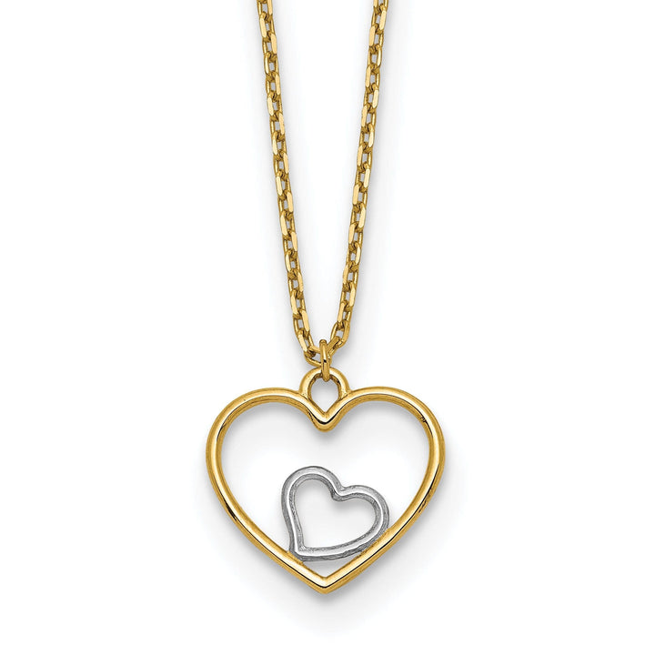 Lovely Rita's Pendants & Charms 14k Yellow Gold, White Rhodium Hollow Polished Finish Heart in Heart Pendant Design in a 18-inch Cable Chain Necklace Set
