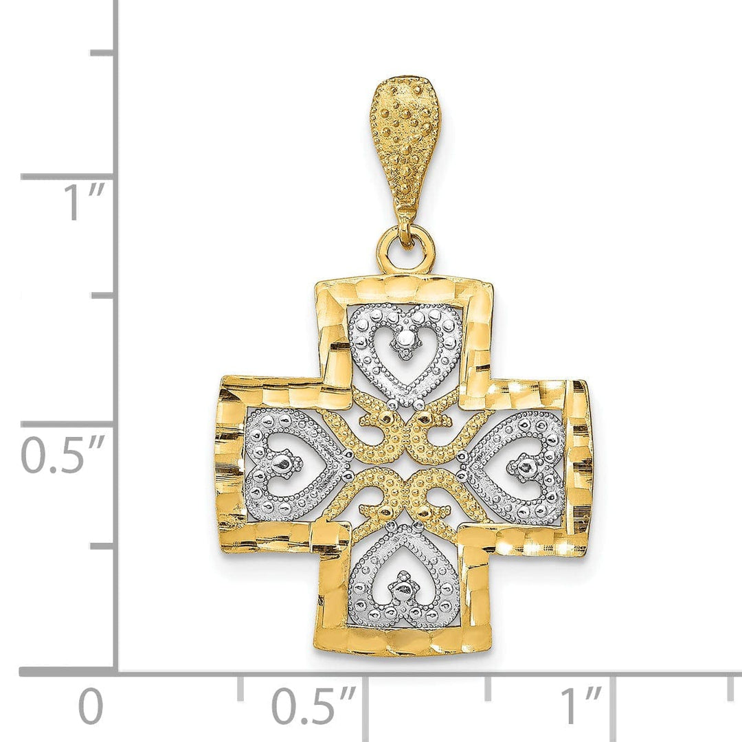Lovely Rita's Pendants & Charms 14K Yellow Gold, White Rhodium Large Size Filigree Polished Diamond Cut Finish Hearts Design Maltese Cross Pendant