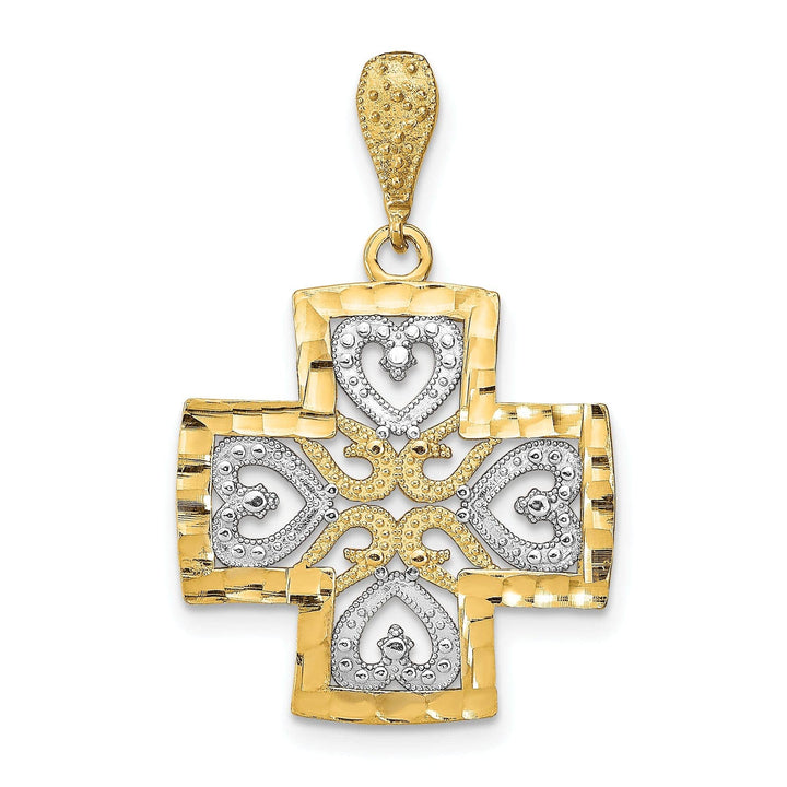 Lovely Rita's Pendants & Charms 14K Yellow Gold, White Rhodium Large Size Filigree Polished Diamond Cut Finish Hearts Design Maltese Cross Pendant
