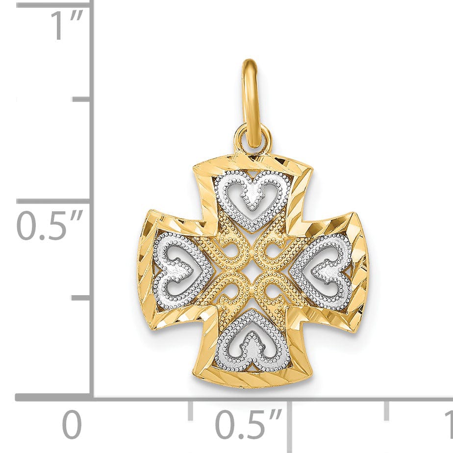Lovely Rita's Pendants & Charms 14K Yellow Gold, White Rhodium Medium Size Filigree Polished Diamond Cut Finish Hearts Design Maltese Cross Pendant