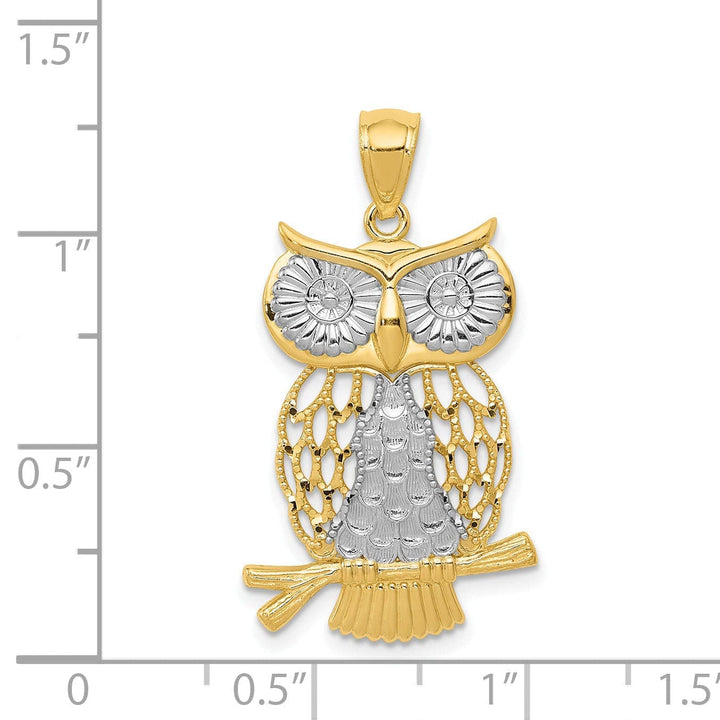 Lovely Rita's Pendants & Charms 14k Yellow Gold White Rhodium Open Back Diamond Cut Polished Finish Moveable Owl Charm Pendant