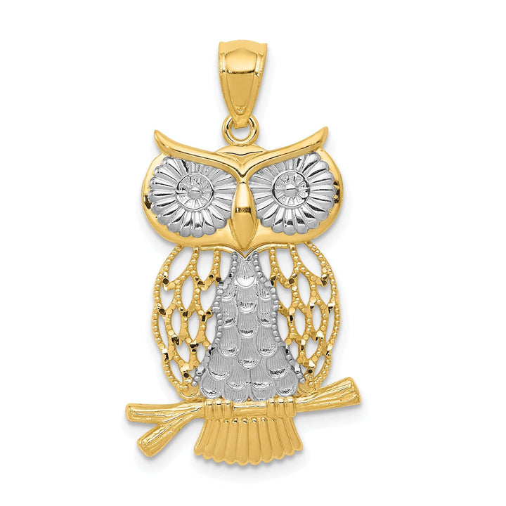 Lovely Rita's Pendants & Charms 14k Yellow Gold White Rhodium Open Back Diamond Cut Polished Finish Moveable Owl Charm Pendant