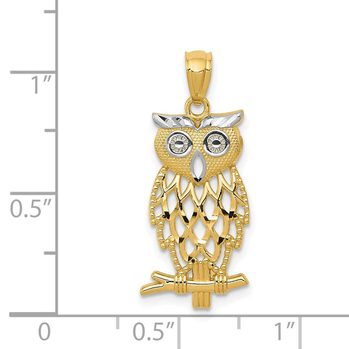 Lovely Rita's Pendants & Charms 14k Yellow Gold White Rhodium Open Back Polished Diamond Cut Finish Owl On branch CharmPendant