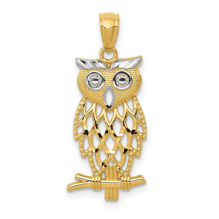 Lovely Rita's Pendants & Charms 14k Yellow Gold White Rhodium Open Back Polished Diamond Cut Finish Owl On branch CharmPendant