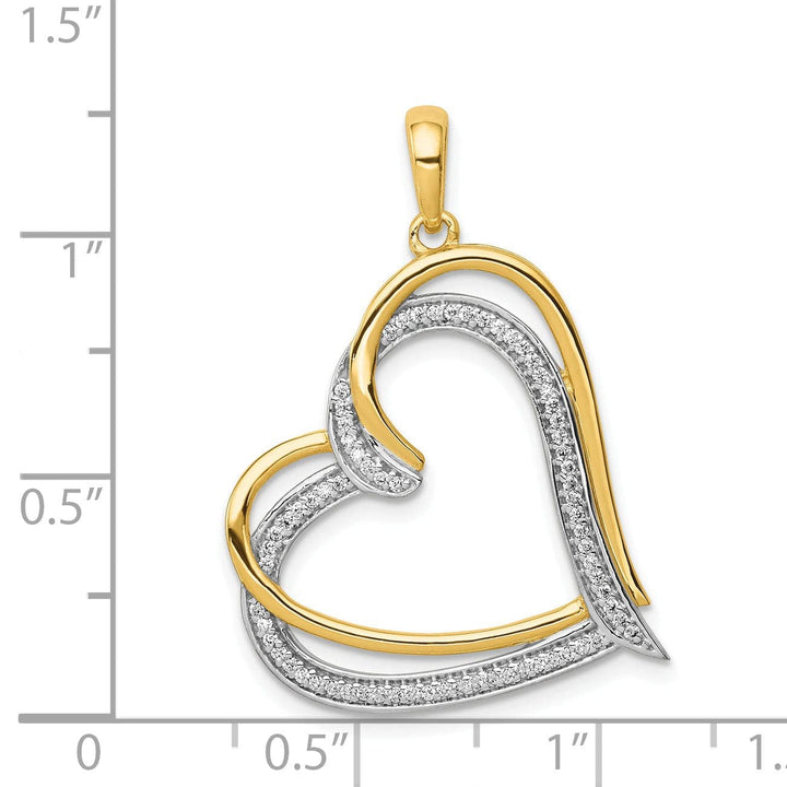 Lovely Rita's Pendants & Charms 14k Yellow Gold, White Rhodium Open Back Polished Finish 0.175-CT Diamond Double Swirl Loop Heart in Heart Design Charm Pendant