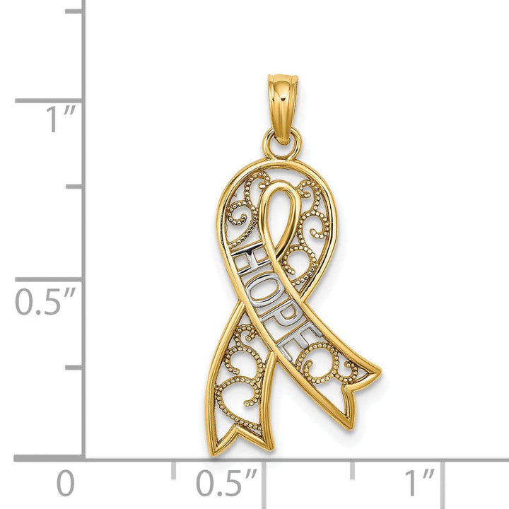 Lovely Rita's Pendants & Charms 14k Yellow Gold White Rhodium Open Back Polished Finish Filigree Design Ribbon HOPE Charm Pendant