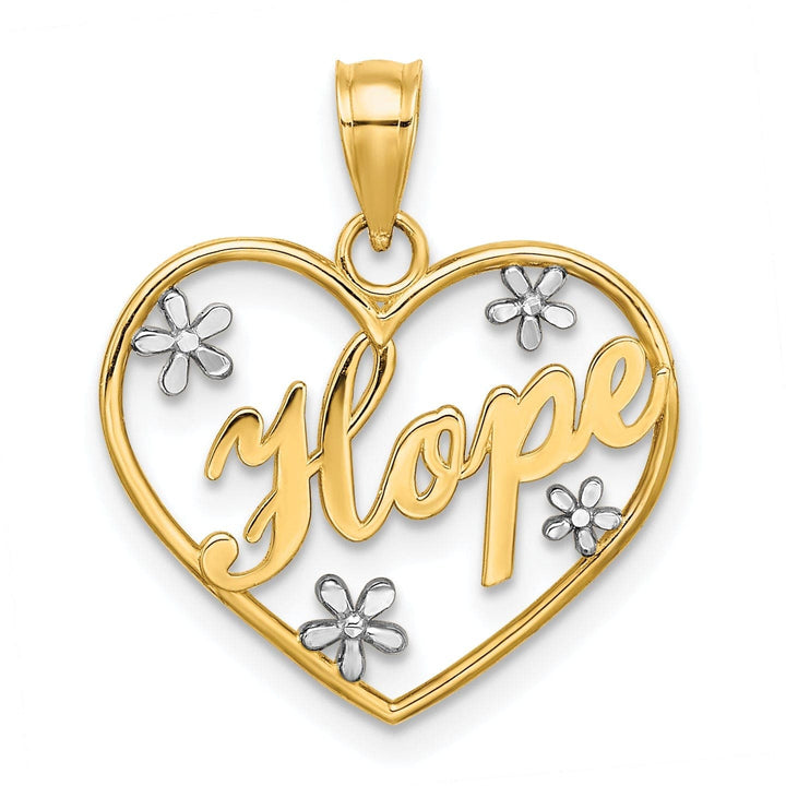 Lovely Rita's Pendants & Charms 14k Yellow Gold White Rhodium Open Back Polished Finish Hope In Heart Shape with Flowers Charm Pendant