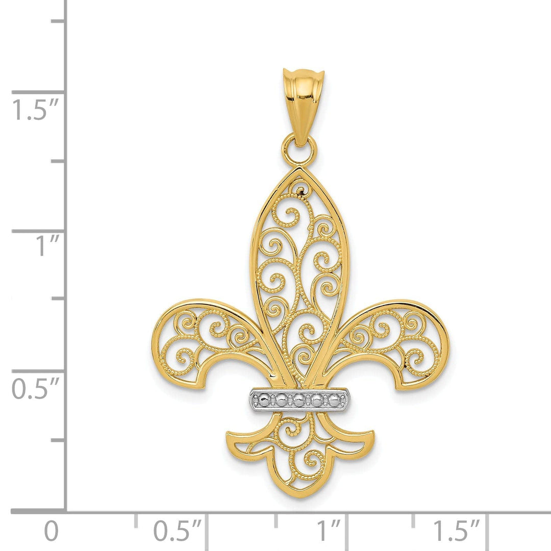 Lovely Rita's Pendants & Charms 14k Yellow Gold White Rhodium Open Back Polished Finish Solid Mens Filigree Fleur de Lis Design Charm Pendant