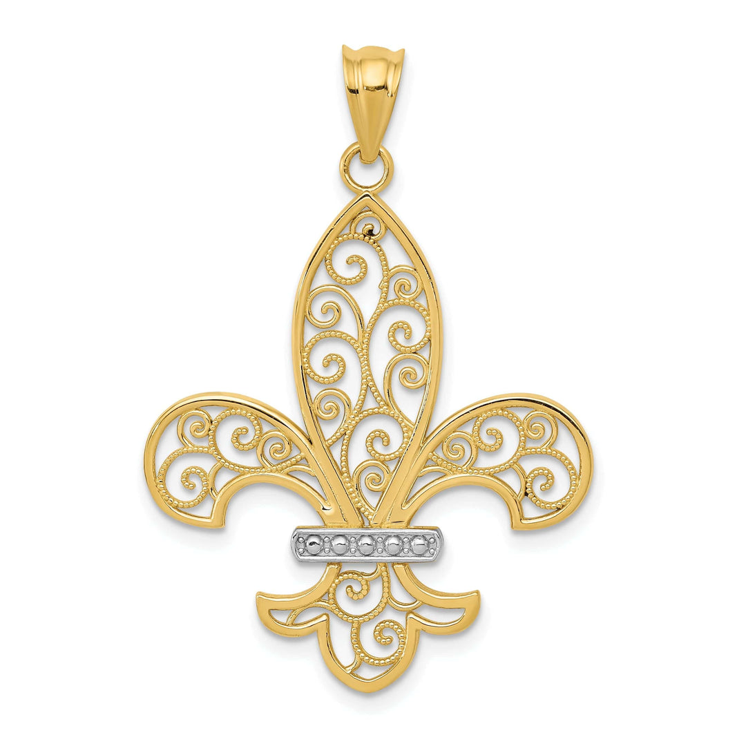 Lovely Rita's Pendants & Charms 14k Yellow Gold White Rhodium Open Back Polished Finish Solid Mens Filigree Fleur de Lis Design Charm Pendant