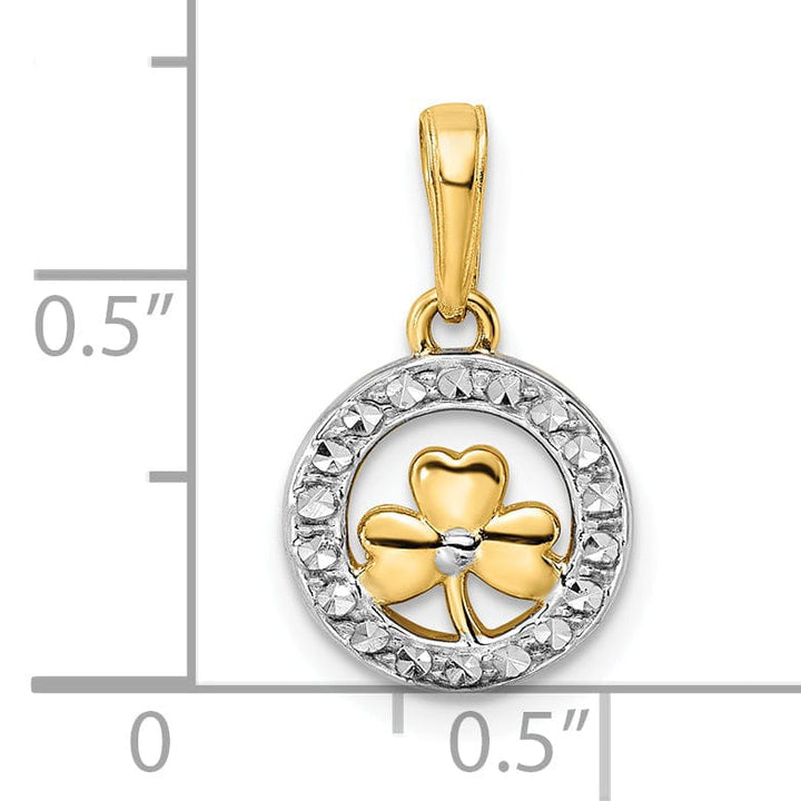 Lovely Rita's Pendants & Charms 14k Yellow Gold White Rhodium Open Back Solid Diamond Cut 3-Leaf Clover in Circle Design Charm Pendant
