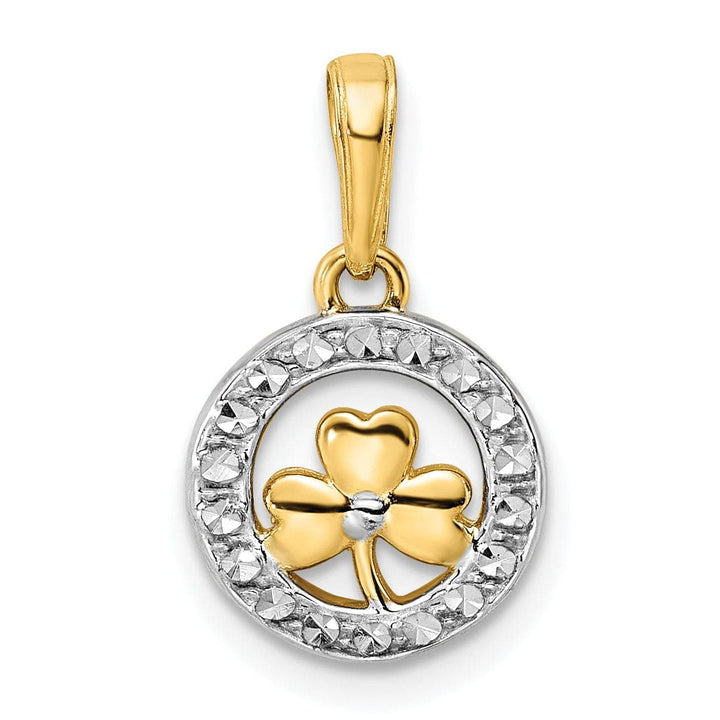 Lovely Rita's Pendants & Charms 14k Yellow Gold White Rhodium Open Back Solid Diamond Cut 3-Leaf Clover in Circle Design Charm Pendant